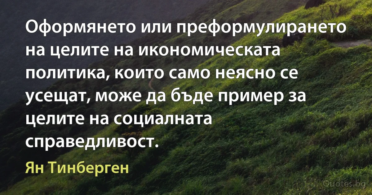 Оформянето или преформулирането на целите на икономическата политика, които само неясно се усещат, може да бъде пример за целите на социалната справедливост. (Ян Тинберген)