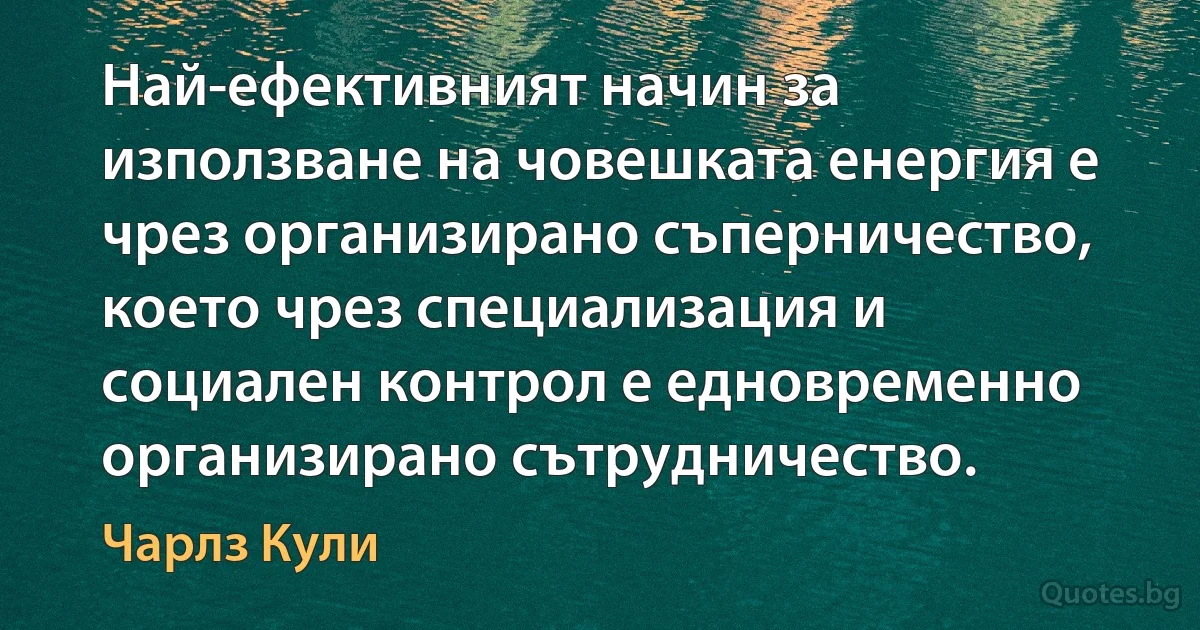 Най-ефективният начин за използване на човешката енергия е чрез организирано съперничество, което чрез специализация и социален контрол е едновременно организирано сътрудничество. (Чарлз Кули)