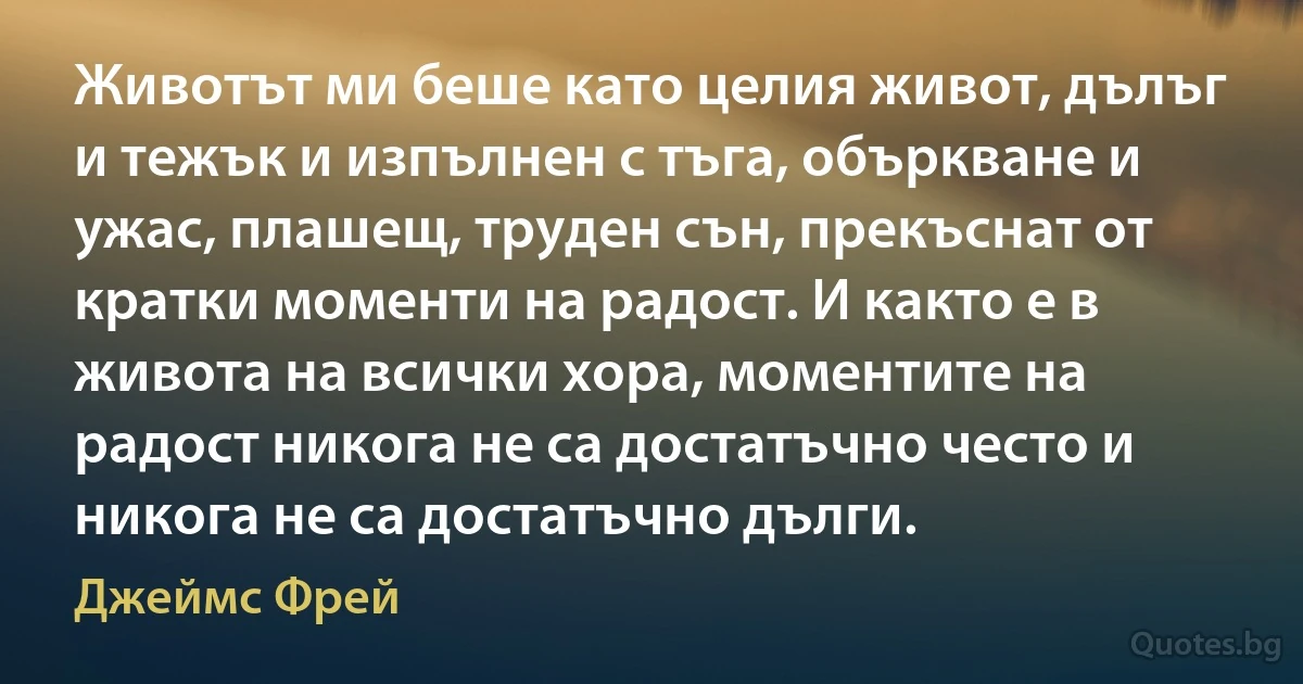 Животът ми беше като целия живот, дълъг и тежък и изпълнен с тъга, объркване и ужас, плашещ, труден сън, прекъснат от кратки моменти на радост. И както е в живота на всички хора, моментите на радост никога не са достатъчно често и никога не са достатъчно дълги. (Джеймс Фрей)