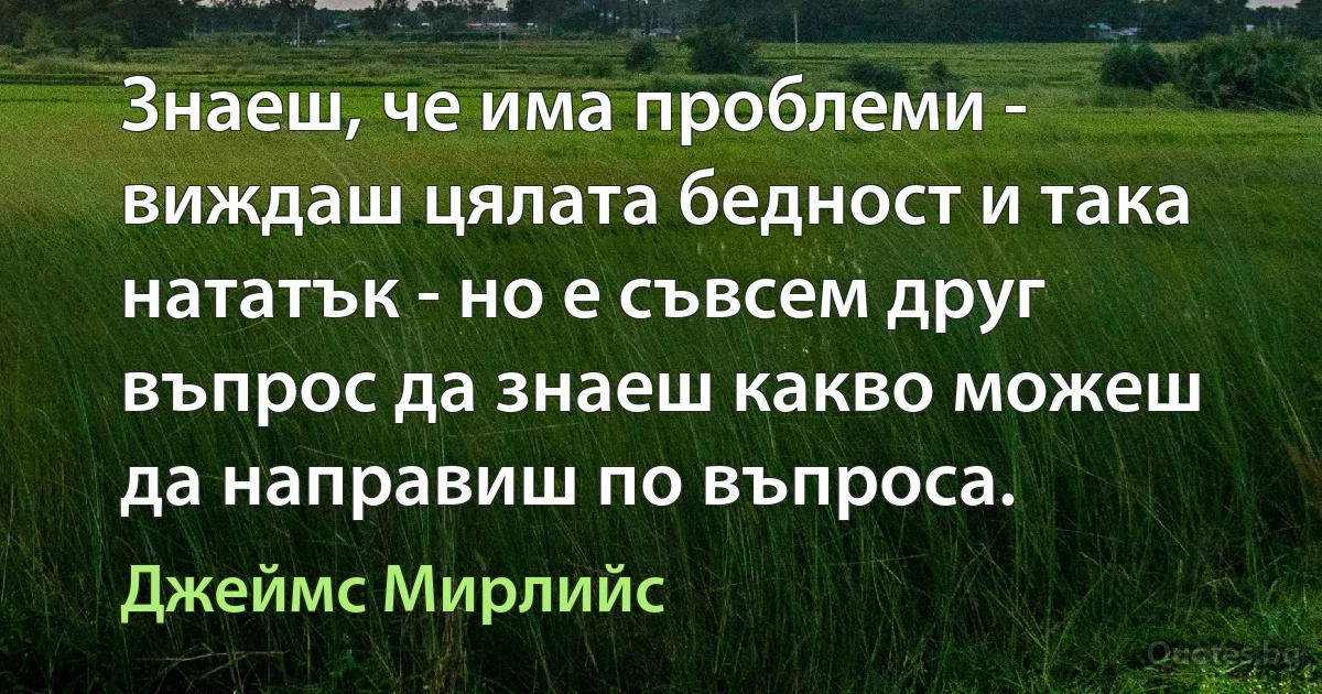 Знаеш, че има проблеми - виждаш цялата бедност и така нататък - но е съвсем друг въпрос да знаеш какво можеш да направиш по въпроса. (Джеймс Мирлийс)