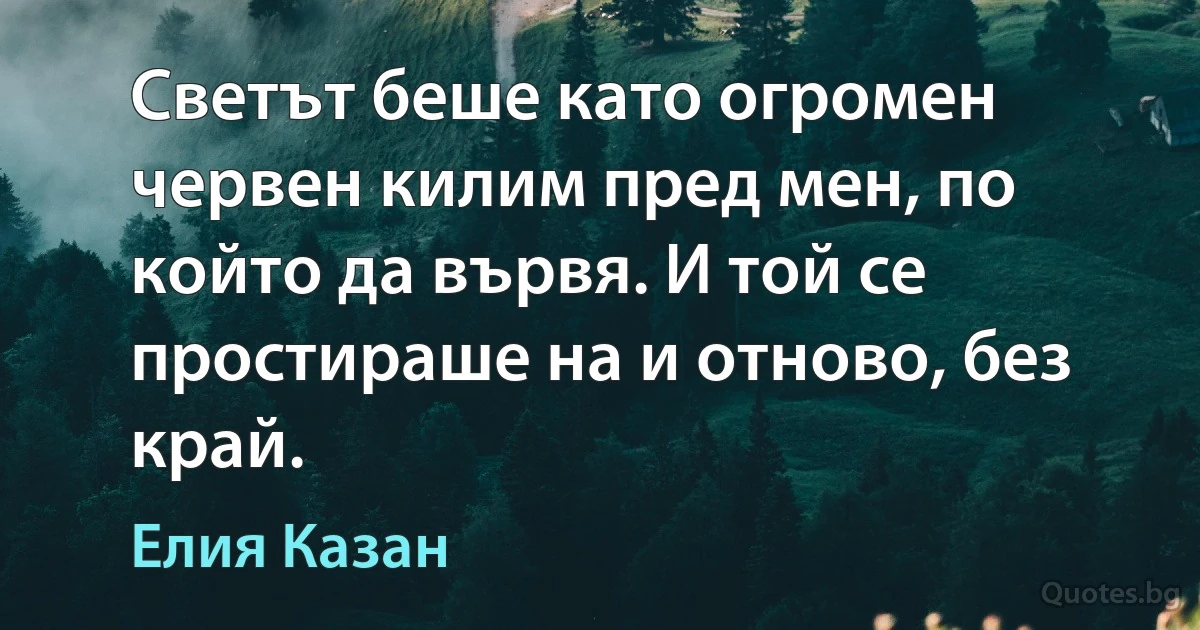 Светът беше като огромен червен килим пред мен, по който да вървя. И той се простираше на и отново, без край. (Елия Казан)