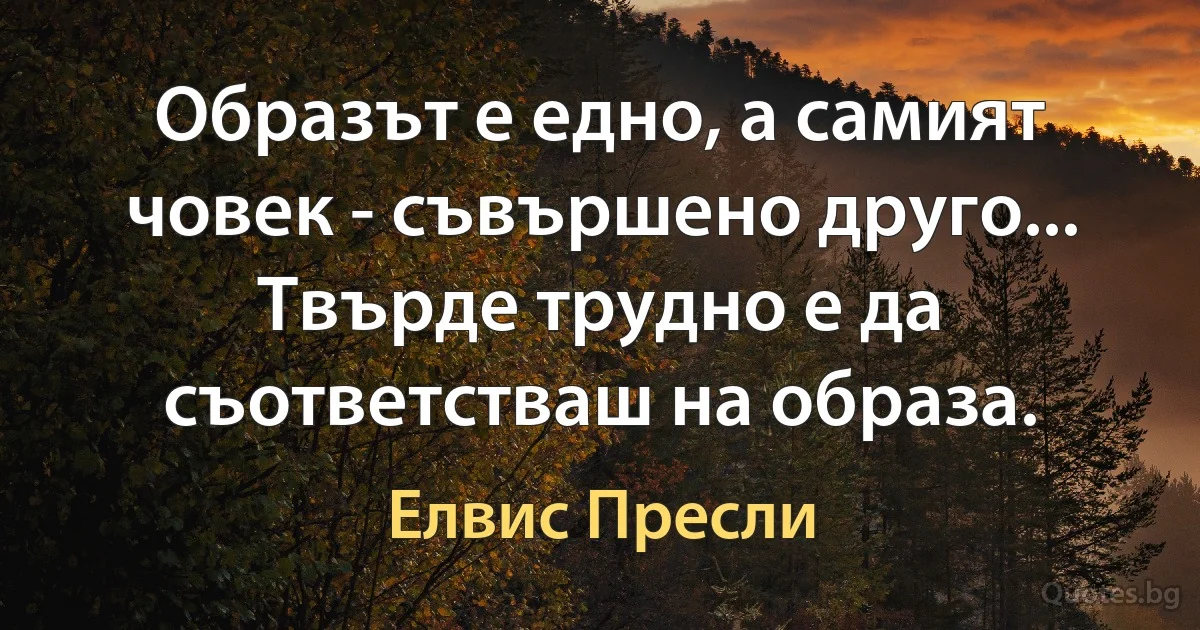 Образът е едно, а самият човек - съвършено друго... Твърде трудно е да съответстваш на образа. (Елвис Пресли)