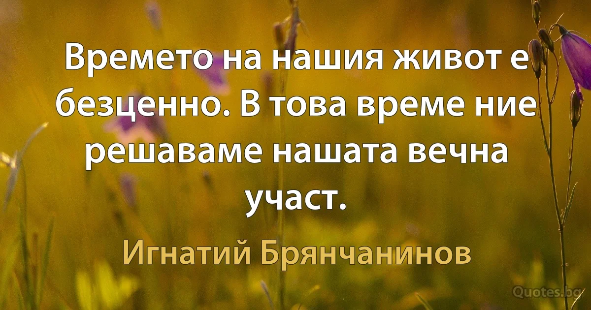 Времето на нашия живот е безценно. В това време ние решаваме нашата вечна участ. (Игнатий Брянчанинов)