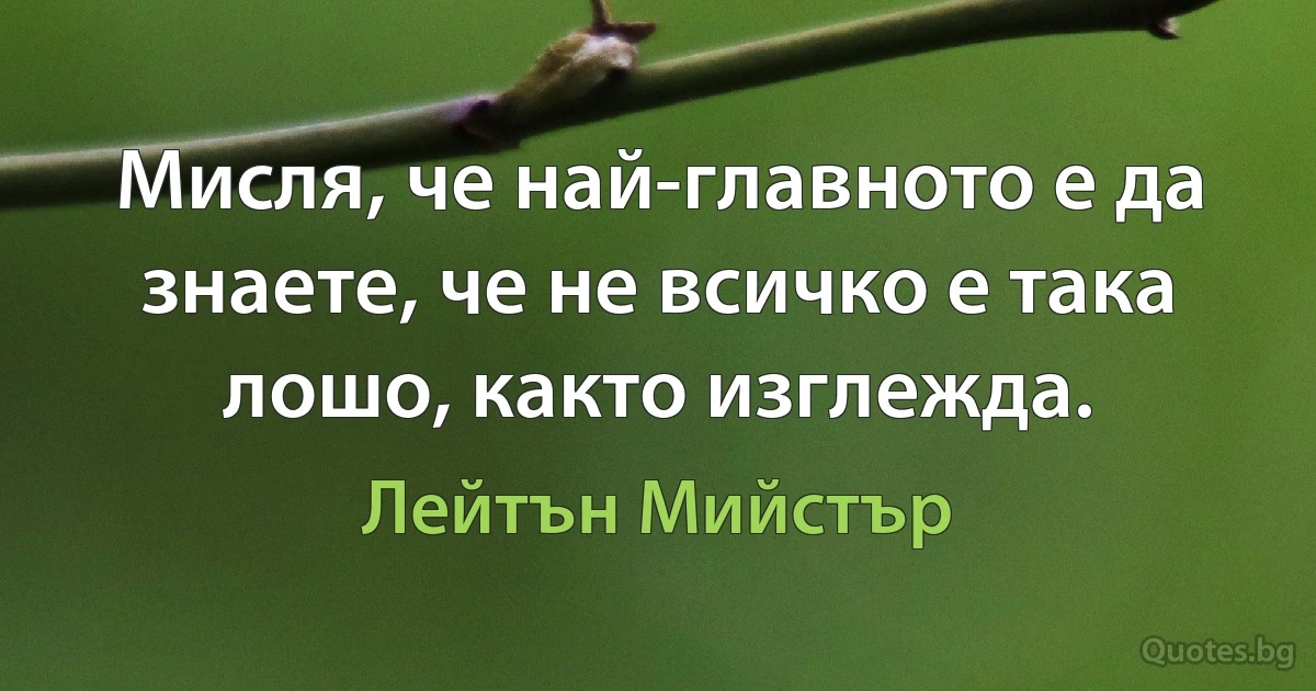 Мисля, че най-главното е да знаете, че не всичко е така лошо, както изглежда. (Лейтън Мийстър)