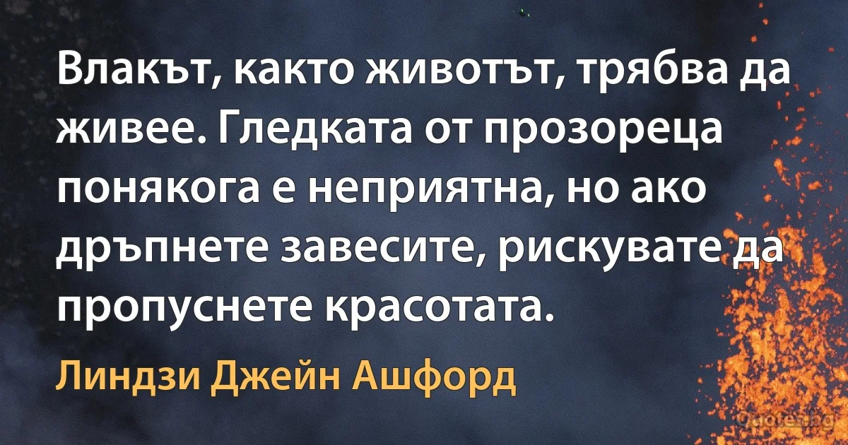 Влакът, както животът, трябва да живее. Гледката от прозореца понякога е неприятна, но ако дръпнете завесите, рискувате да пропуснете красотата. (Линдзи Джейн Ашфорд)