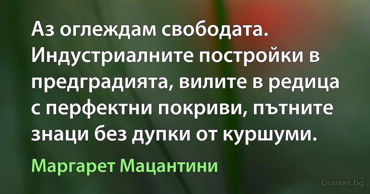 Аз оглеждам свободата. Индустриалните постройки в предградията, вилите в редица с перфектни покриви, пътните знаци без дупки от куршуми. (Маргарет Мацантини)