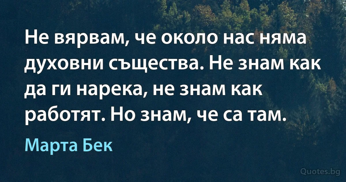 Не вярвам, че около нас няма духовни същества. Не знам как да ги нарека, не знам как работят. Но знам, че са там. (Марта Бек)