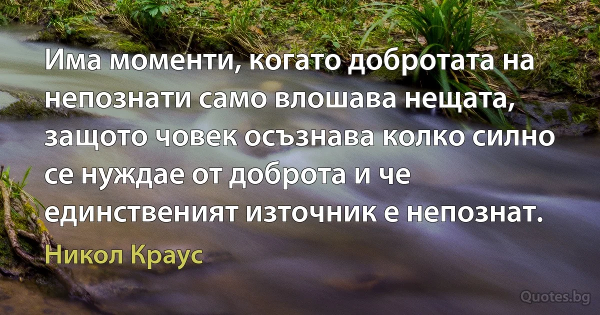 Има моменти, когато добротата на непознати само влошава нещата, защото човек осъзнава колко силно се нуждае от доброта и че единственият източник е непознат. (Никол Краус)