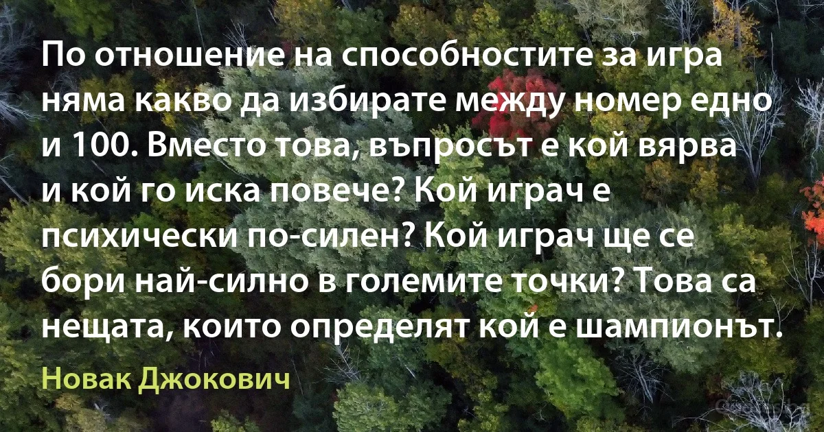 По отношение на способностите за игра няма какво да избирате между номер едно и 100. Вместо това, въпросът е кой вярва и кой го иска повече? Кой играч е психически по-силен? Кой играч ще се бори най-силно в големите точки? Това са нещата, които определят кой е шампионът. (Новак Джокович)