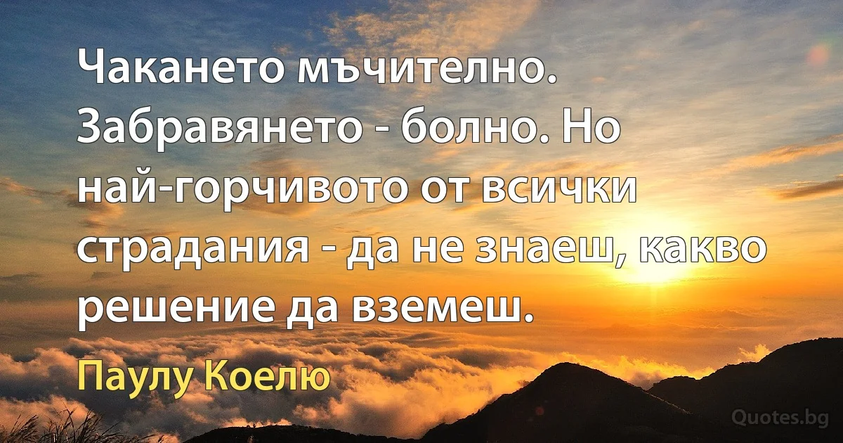 Чакането мъчително. Забравянето - болно. Но най-горчивото от всички страдания - да не знаеш, какво решение да вземеш. (Паулу Коелю)