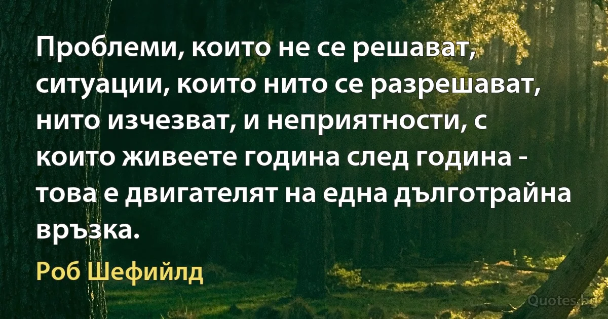 Проблеми, които не се решават, ситуации, които нито се разрешават, нито изчезват, и неприятности, с които живеете година след година - това е двигателят на една дълготрайна връзка. (Роб Шефийлд)