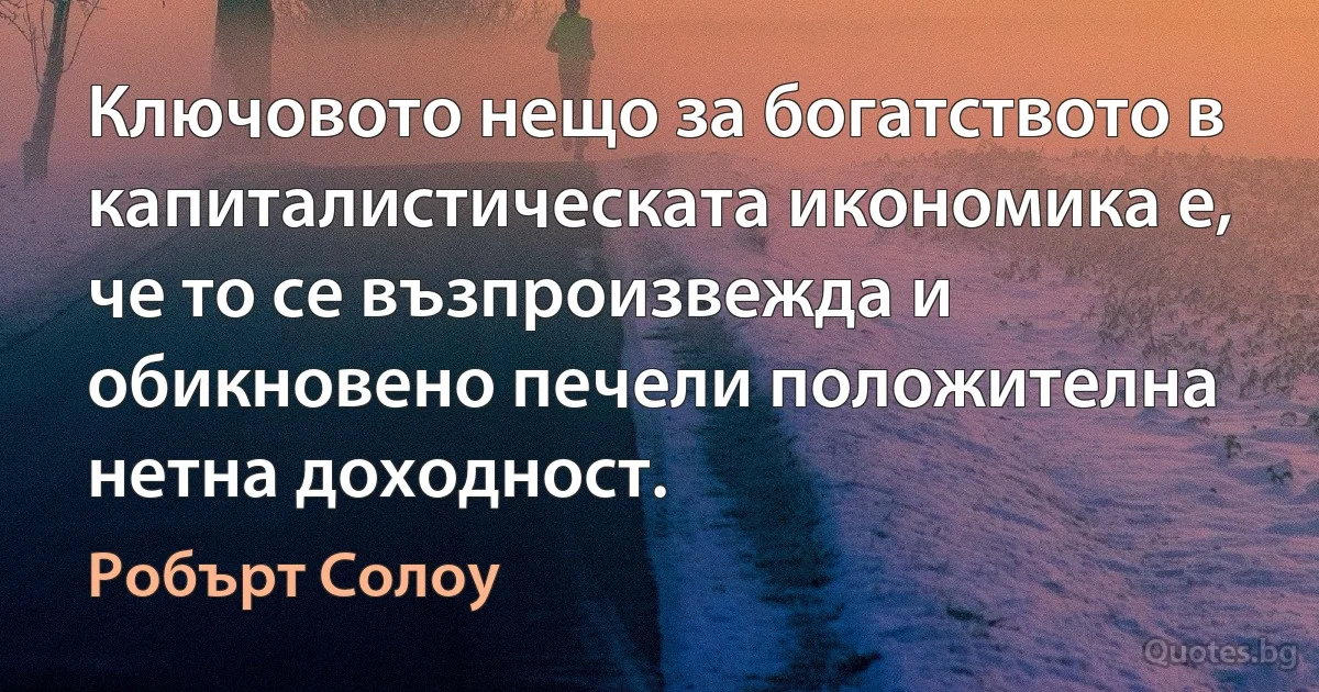 Ключовото нещо за богатството в капиталистическата икономика е, че то се възпроизвежда и обикновено печели положителна нетна доходност. (Робърт Солоу)