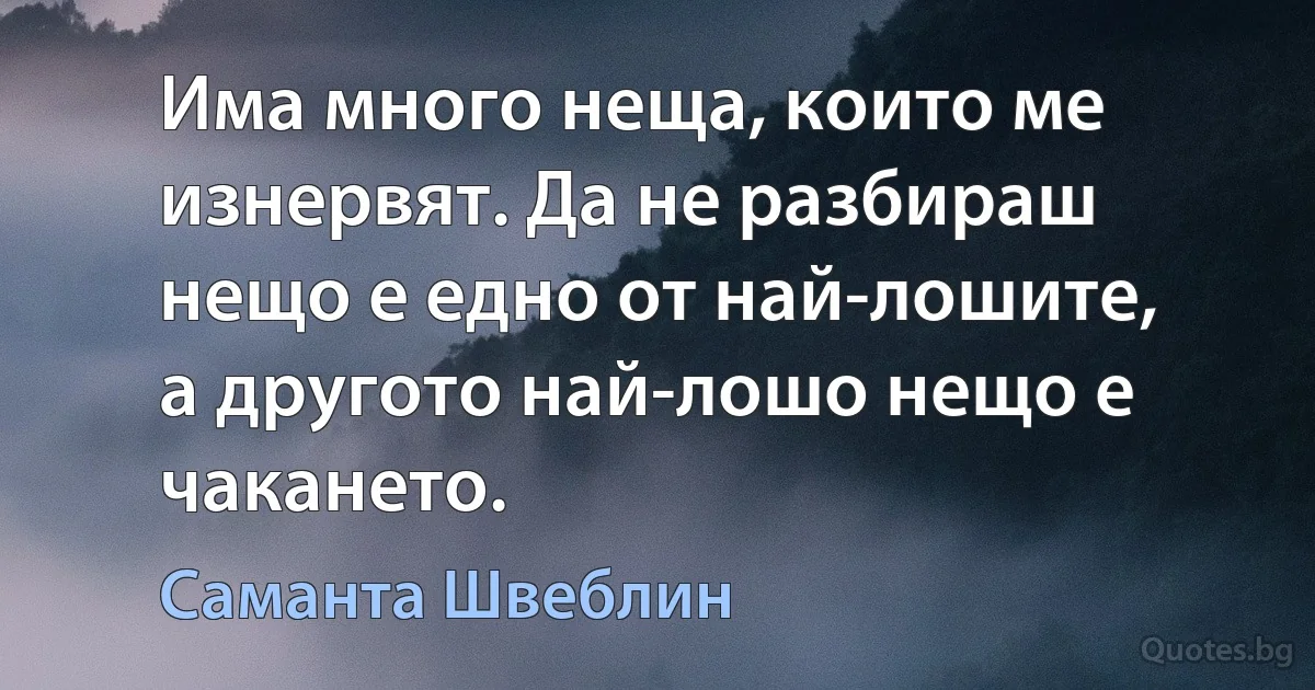 Има много неща, които ме изнервят. Да не разбираш нещо е едно от най-лошите, а другото най-лошо нещо е чакането. (Саманта Швеблин)