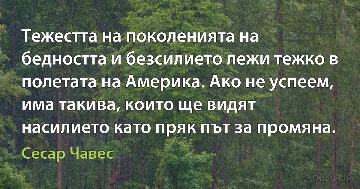 Тежестта на поколенията на бедността и безсилието лежи тежко в полетата на Америка. Ако не успеем, има такива, които ще видят насилието като пряк път за промяна. (Сесар Чавес)