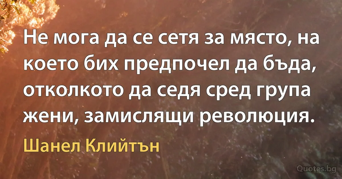 Не мога да се сетя за място, на което бих предпочел да бъда, отколкото да седя сред група жени, замислящи революция. (Шанел Клийтън)