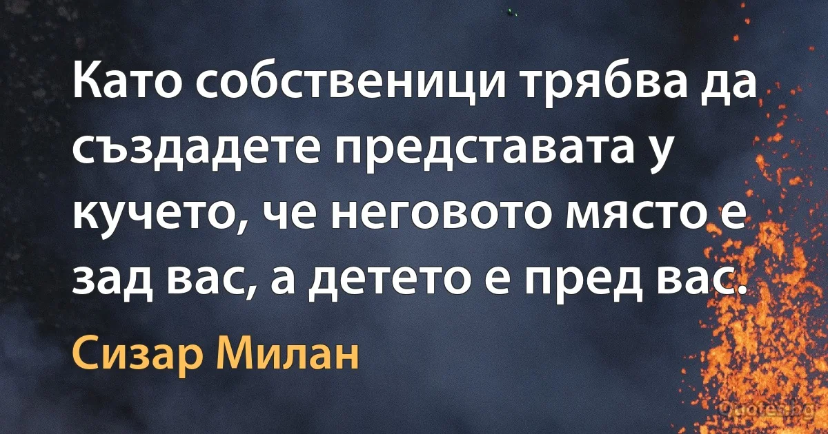 Като собственици трябва да създадете представата у кучето, че неговото място е зад вас, а детето е пред вас. (Сизар Милан)