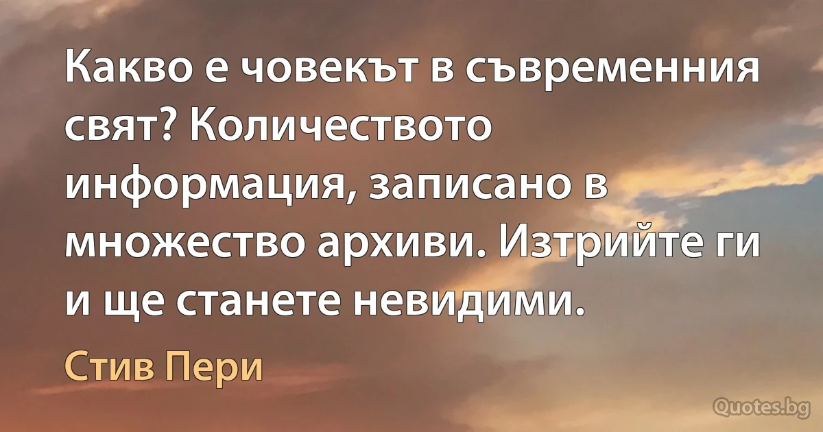 Какво е човекът в съвременния свят? Количеството информация, записано в множество архиви. Изтрийте ги и ще станете невидими. (Стив Пери)