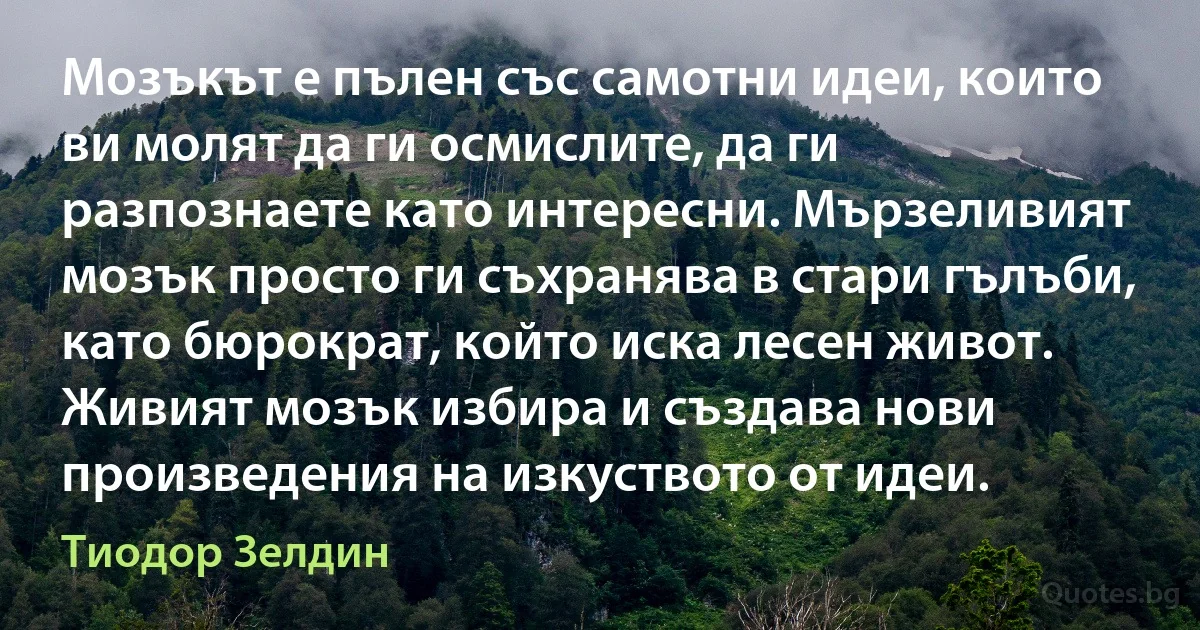 Мозъкът е пълен със самотни идеи, които ви молят да ги осмислите, да ги разпознаете като интересни. Мързеливият мозък просто ги съхранява в стари гълъби, като бюрократ, който иска лесен живот. Живият мозък избира и създава нови произведения на изкуството от идеи. (Тиодор Зелдин)