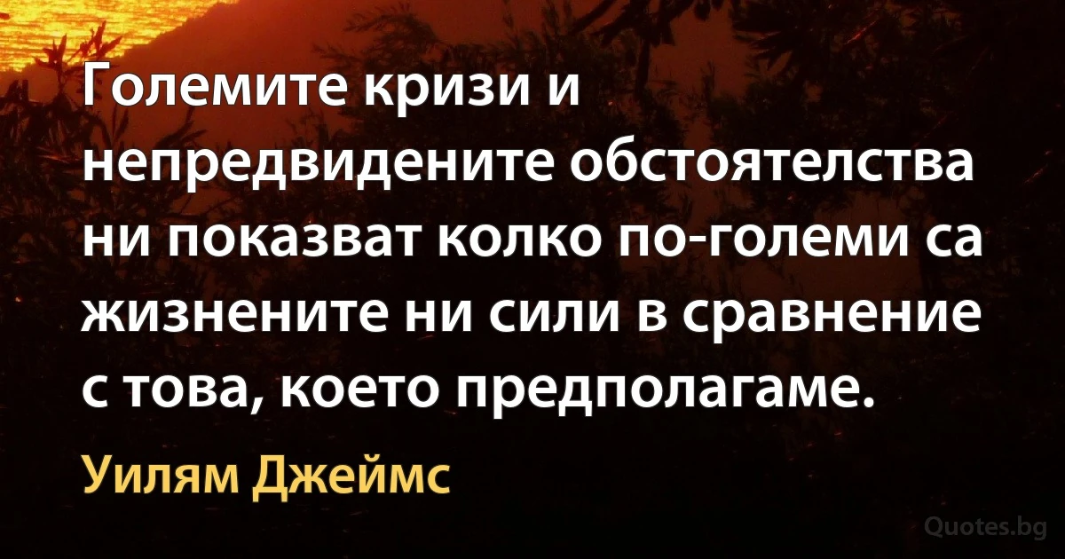 Големите кризи и непредвидените обстоятелства ни показват колко по-големи са жизнените ни сили в сравнение с това, което предполагаме. (Уилям Джеймс)