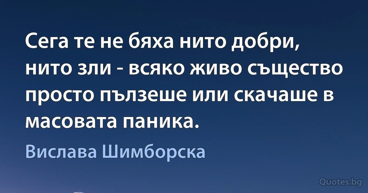 Сега те не бяха нито добри, нито зли - всяко живо същество
просто пълзеше или скачаше в масовата паника. (Вислава Шимборска)