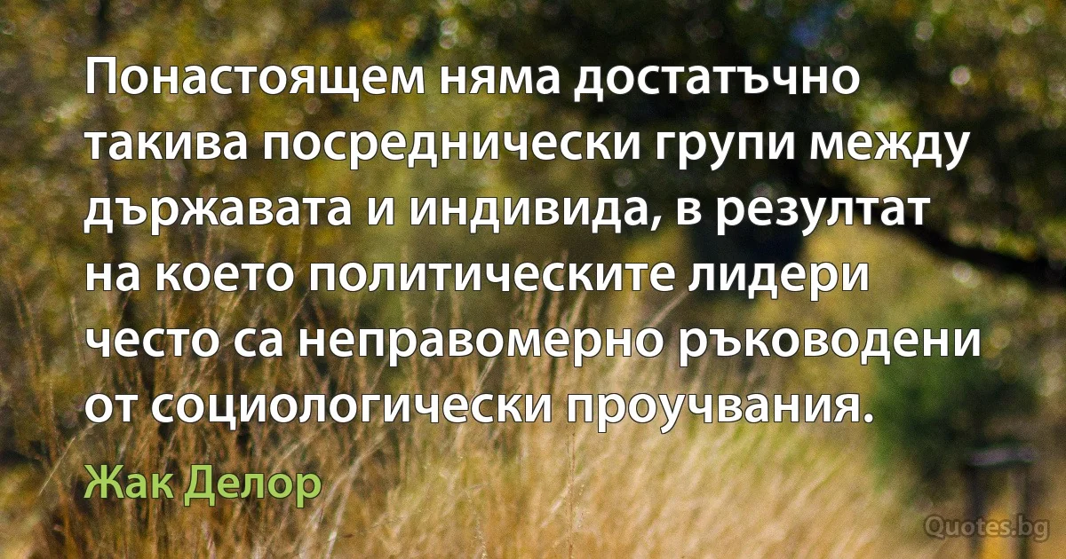 Понастоящем няма достатъчно такива посреднически групи между държавата и индивида, в резултат на което политическите лидери често са неправомерно ръководени от социологически проучвания. (Жак Делор)