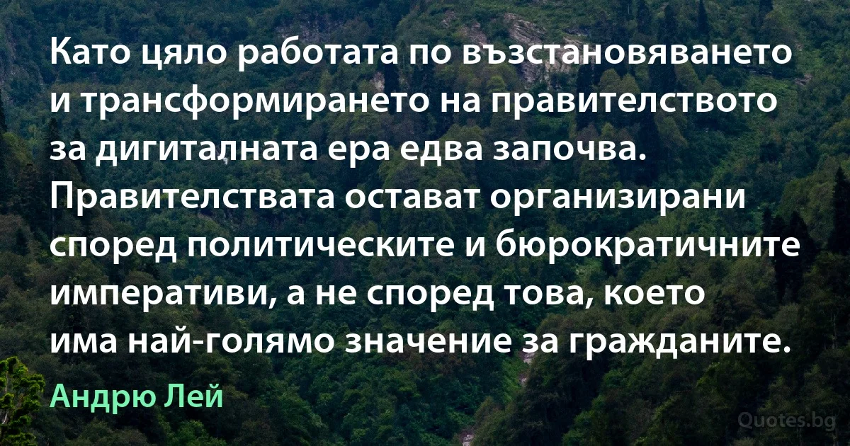 Като цяло работата по възстановяването и трансформирането на правителството за дигиталната ера едва започва. Правителствата остават организирани според политическите и бюрократичните императиви, а не според това, което има най-голямо значение за гражданите. (Андрю Лей)