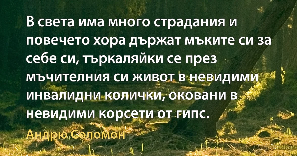 В света има много страдания и повечето хора държат мъките си за себе си, търкаляйки се през мъчителния си живот в невидими инвалидни колички, оковани в невидими корсети от гипс. (Андрю Соломон)