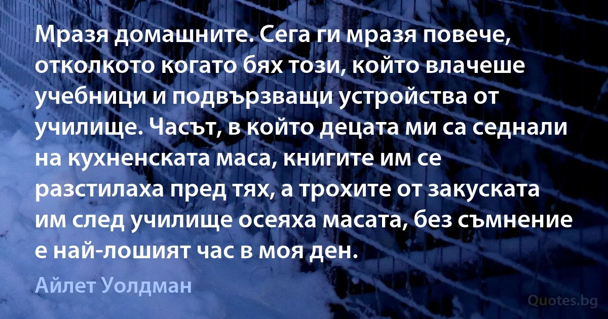 Мразя домашните. Сега ги мразя повече, отколкото когато бях този, който влачеше учебници и подвързващи устройства от училище. Часът, в който децата ми са седнали на кухненската маса, книгите им се разстилаха пред тях, а трохите от закуската им след училище осеяха масата, без съмнение е най-лошият час в моя ден. (Айлет Уолдман)