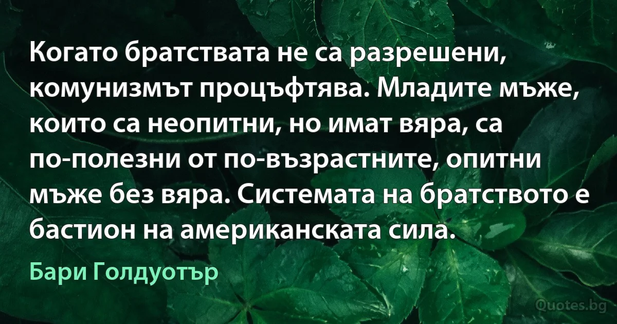 Когато братствата не са разрешени, комунизмът процъфтява. Младите мъже, които са неопитни, но имат вяра, са по-полезни от по-възрастните, опитни мъже без вяра. Системата на братството е бастион на американската сила. (Бари Голдуотър)