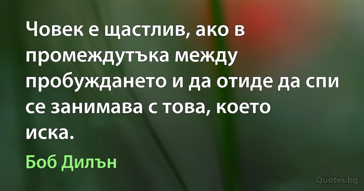 Човек е щастлив, ако в промеждутъка между пробуждането и да отиде да спи се занимава с това, което иска. (Боб Дилън)