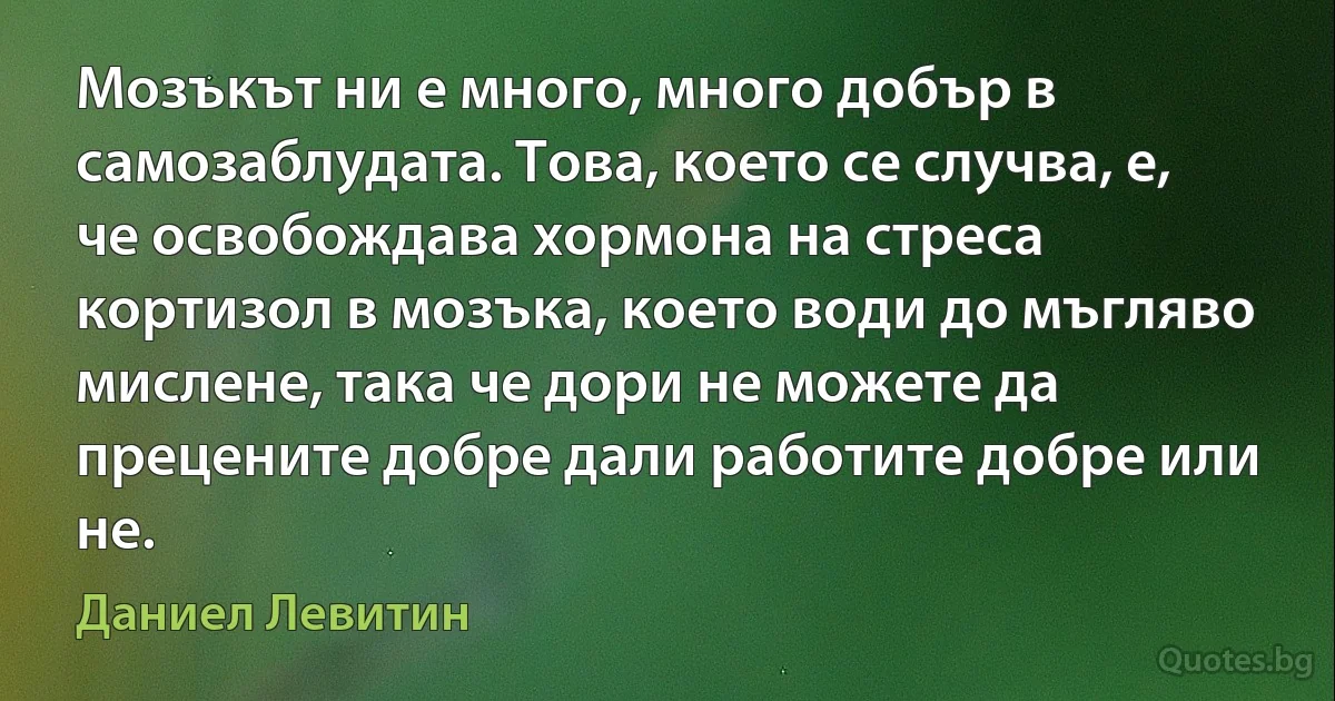 Мозъкът ни е много, много добър в самозаблудата. Това, което се случва, е, че освобождава хормона на стреса кортизол в мозъка, което води до мъгляво мислене, така че дори не можете да прецените добре дали работите добре или не. (Даниел Левитин)