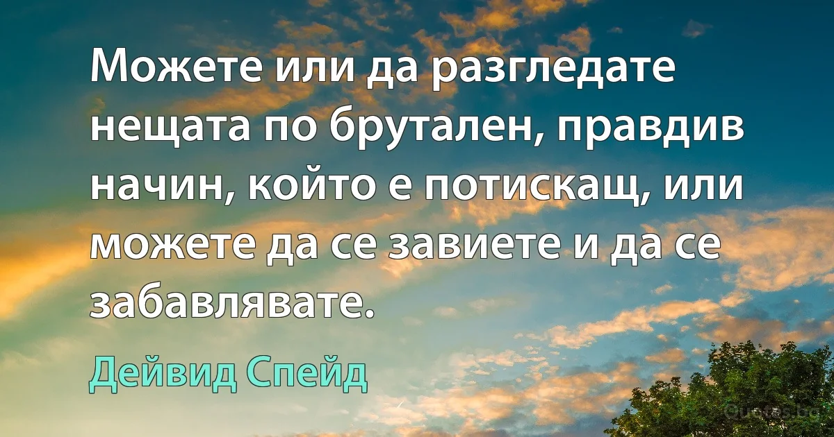 Можете или да разгледате нещата по брутален, правдив начин, който е потискащ, или можете да се завиете и да се забавлявате. (Дейвид Спейд)