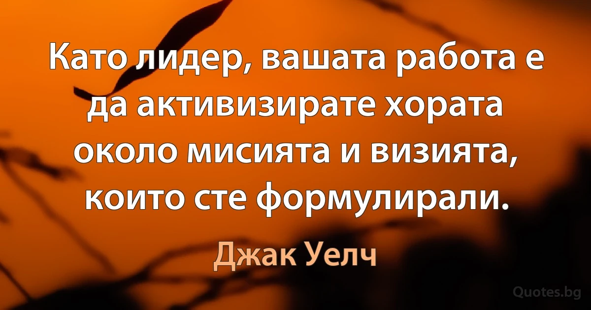 Като лидер, вашата работа е да активизирате хората около мисията и визията, които сте формулирали. (Джак Уелч)