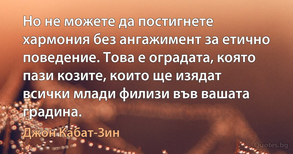 Но не можете да постигнете хармония без ангажимент за етично поведение. Това е оградата, която пази козите, които ще изядат всички млади филизи във вашата градина. (Джон Кабат-Зин)