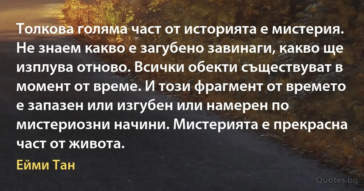 Толкова голяма част от историята е мистерия. Не знаем какво е загубено завинаги, какво ще изплува отново. Всички обекти съществуват в момент от време. И този фрагмент от времето е запазен или изгубен или намерен по мистериозни начини. Мистерията е прекрасна част от живота. (Ейми Тан)