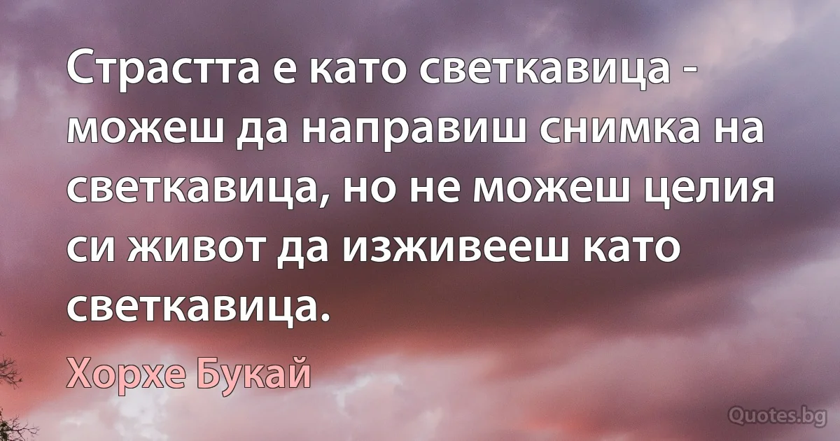 Страстта е като светкавица - можеш да направиш снимка на светкавица, но не можеш целия си живот да изживееш като светкавица. (Хорхе Букай)