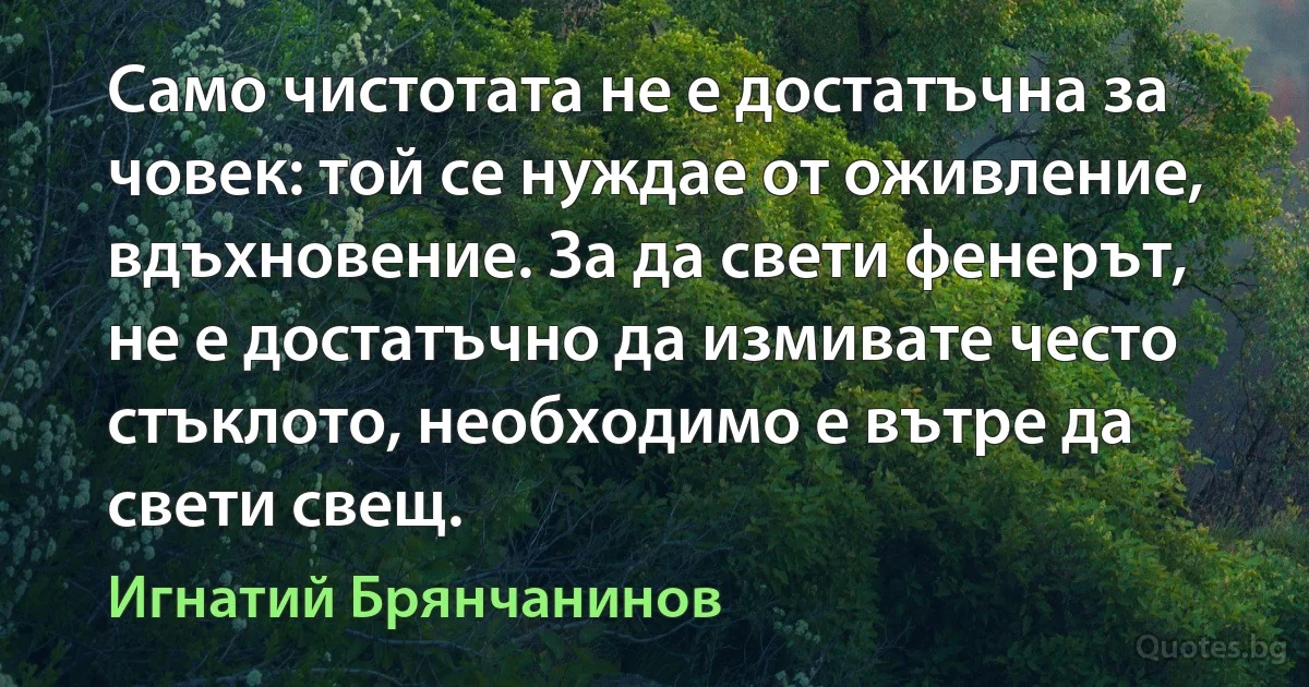 Само чистотата не е достатъчна за човек: той се нуждае от оживление, вдъхновение. За да свети фенерът, не е достатъчно да измивате често стъклото, необходимо е вътре да свети свещ. (Игнатий Брянчанинов)