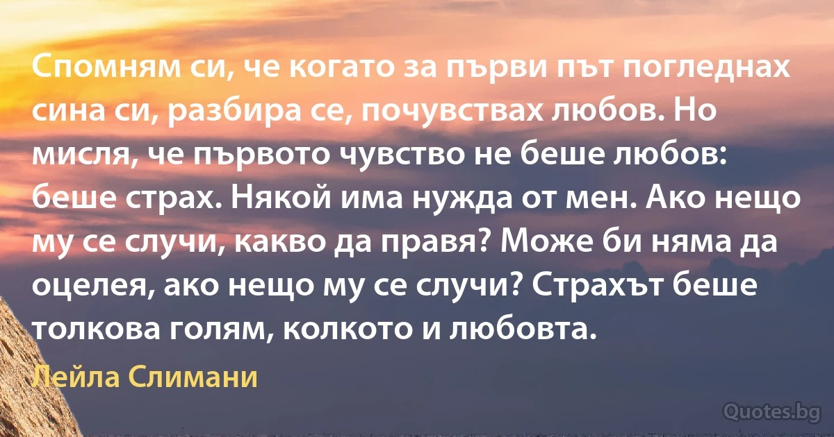 Спомням си, че когато за първи път погледнах сина си, разбира се, почувствах любов. Но мисля, че първото чувство не беше любов: беше страх. Някой има нужда от мен. Ако нещо му се случи, какво да правя? Може би няма да оцелея, ако нещо му се случи? Страхът беше толкова голям, колкото и любовта. (Лейла Слимани)