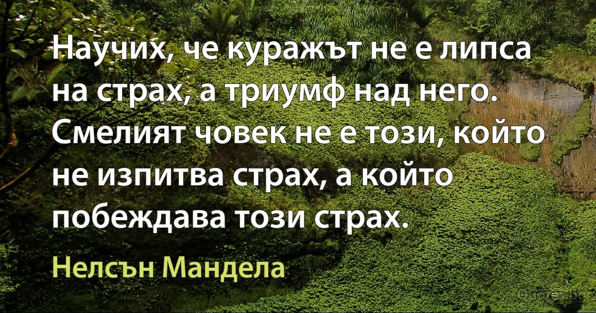 Научих, че куражът не е липса на страх, а триумф над него. Смелият човек не е този, който не изпитва страх, а който побеждава този страх. (Нелсън Мандела)