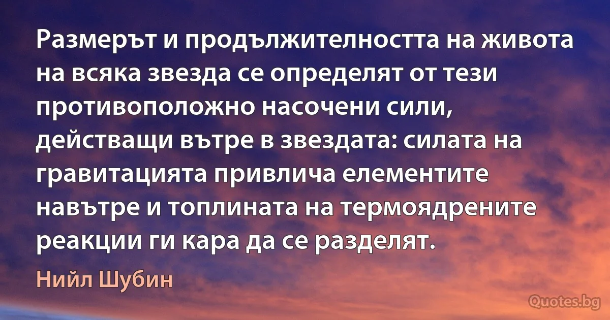 Размерът и продължителността на живота на всяка звезда се определят от тези противоположно насочени сили, действащи вътре в звездата: силата на гравитацията привлича елементите навътре и топлината на термоядрените реакции ги кара да се разделят. (Нийл Шубин)