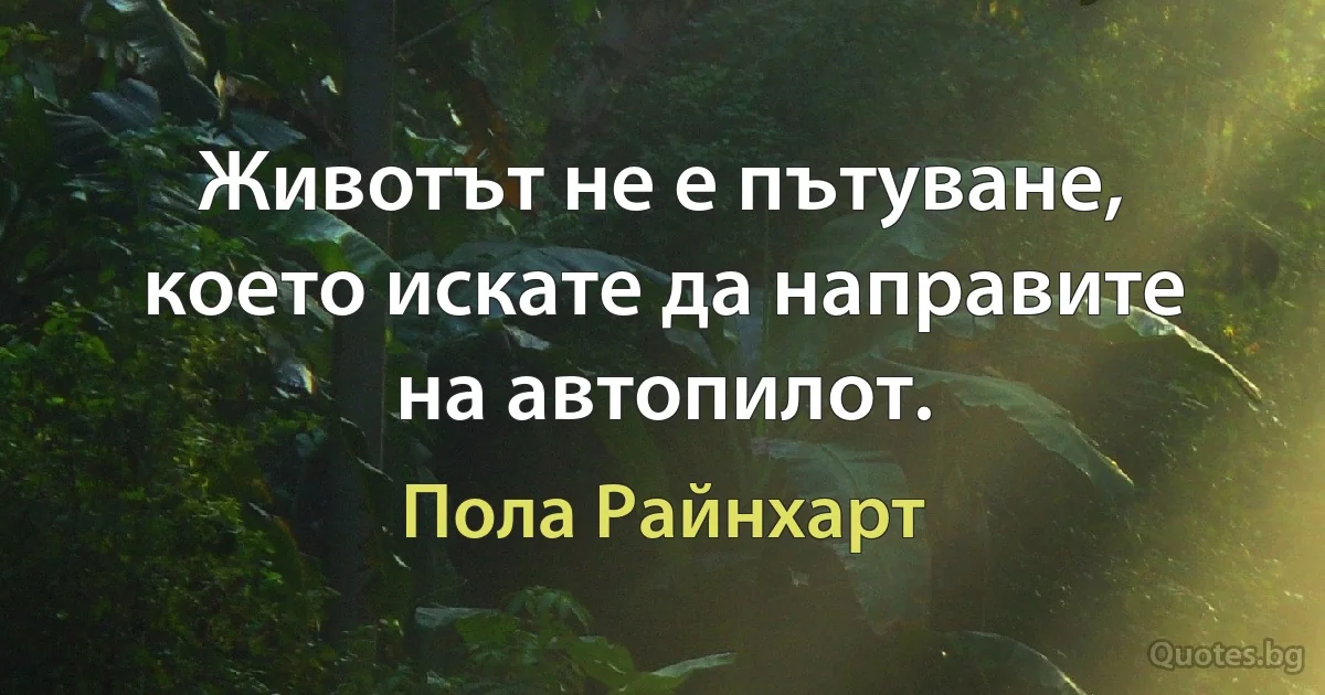 Животът не е пътуване, което искате да направите на автопилот. (Пола Райнхарт)