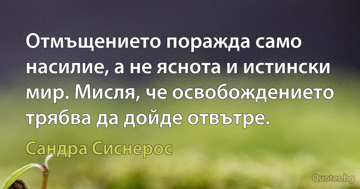 Отмъщението поражда само насилие, а не яснота и истински мир. Мисля, че освобождението трябва да дойде отвътре. (Сандра Сиснерос)