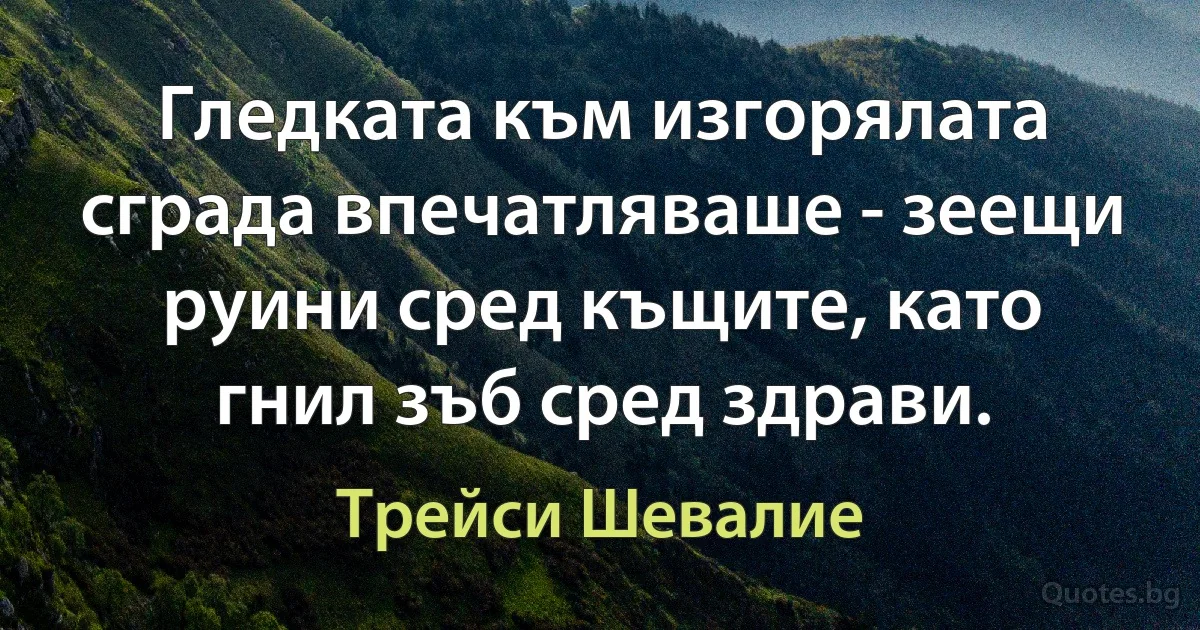 Гледката към изгорялата сграда впечатляваше - зеещи руини сред къщите, като гнил зъб сред здрави. (Трейси Шевалие)