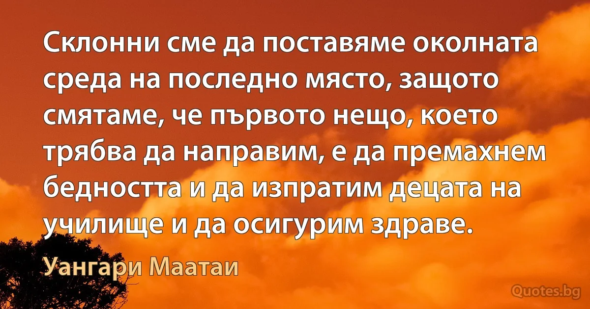 Склонни сме да поставяме околната среда на последно място, защото смятаме, че първото нещо, което трябва да направим, е да премахнем бедността и да изпратим децата на училище и да осигурим здраве. (Уангари Маатаи)