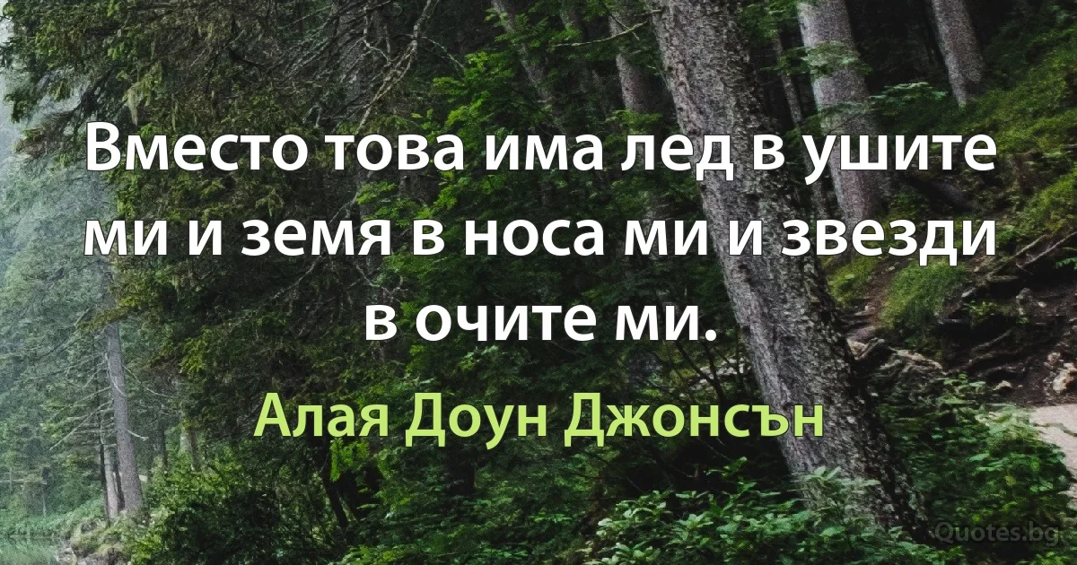 Вместо това има лед в ушите ми и земя в носа ми и звезди в очите ми. (Алая Доун Джонсън)