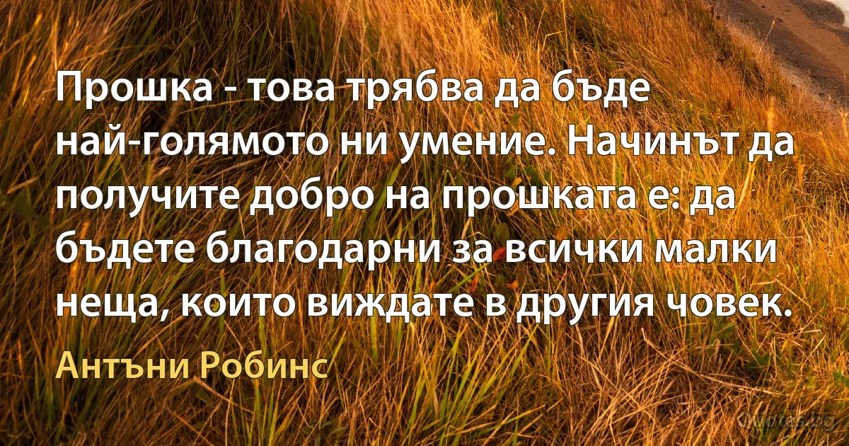 Прошка - това трябва да бъде най-голямото ни умение. Начинът да получите добро на прошката е: да бъдете благодарни за всички малки неща, които виждате в другия човек. (Антъни Робинс)