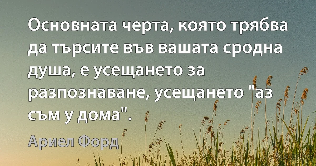 Основната черта, която трябва да търсите във вашата сродна душа, е усещането за разпознаване, усещането "аз съм у дома". (Ариел Форд)