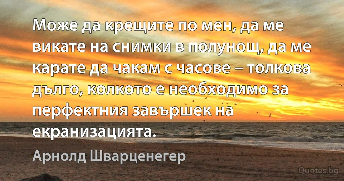 Може да крещите по мен, да ме викате на снимки в полунощ, да ме карате да чакам с часове – толкова дълго, колкото е необходимо за перфектния завършек на екранизацията. (Арнолд Шварценегер)