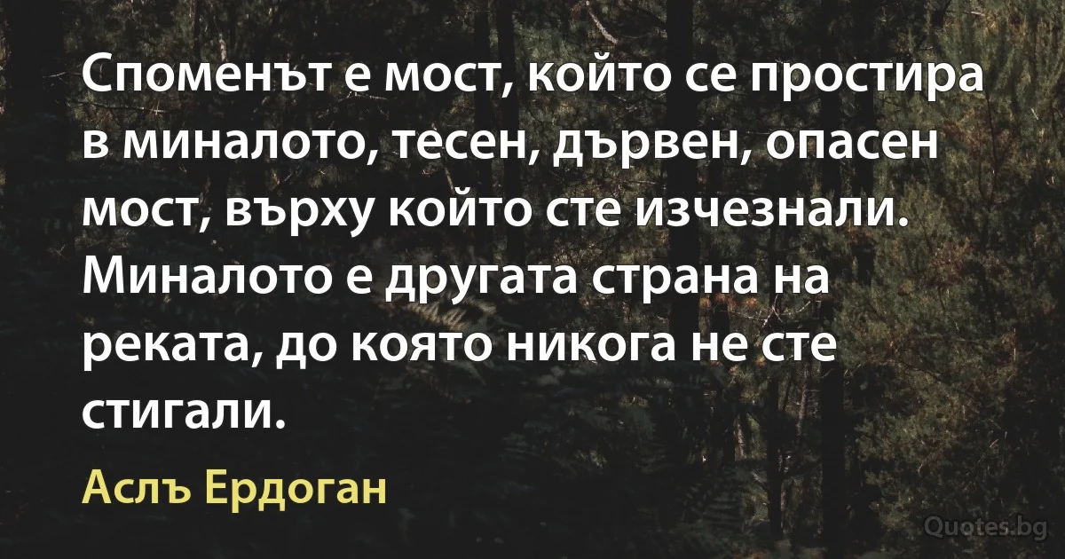 Споменът е мост, който се простира в миналото, тесен, дървен, опасен мост, върху който сте изчезнали. Миналото е другата страна на реката, до която никога не сте стигали. (Аслъ Ердоган)