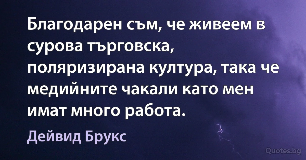 Благодарен съм, че живеем в сурова търговска, поляризирана култура, така че медийните чакали като мен имат много работа. (Дейвид Брукс)